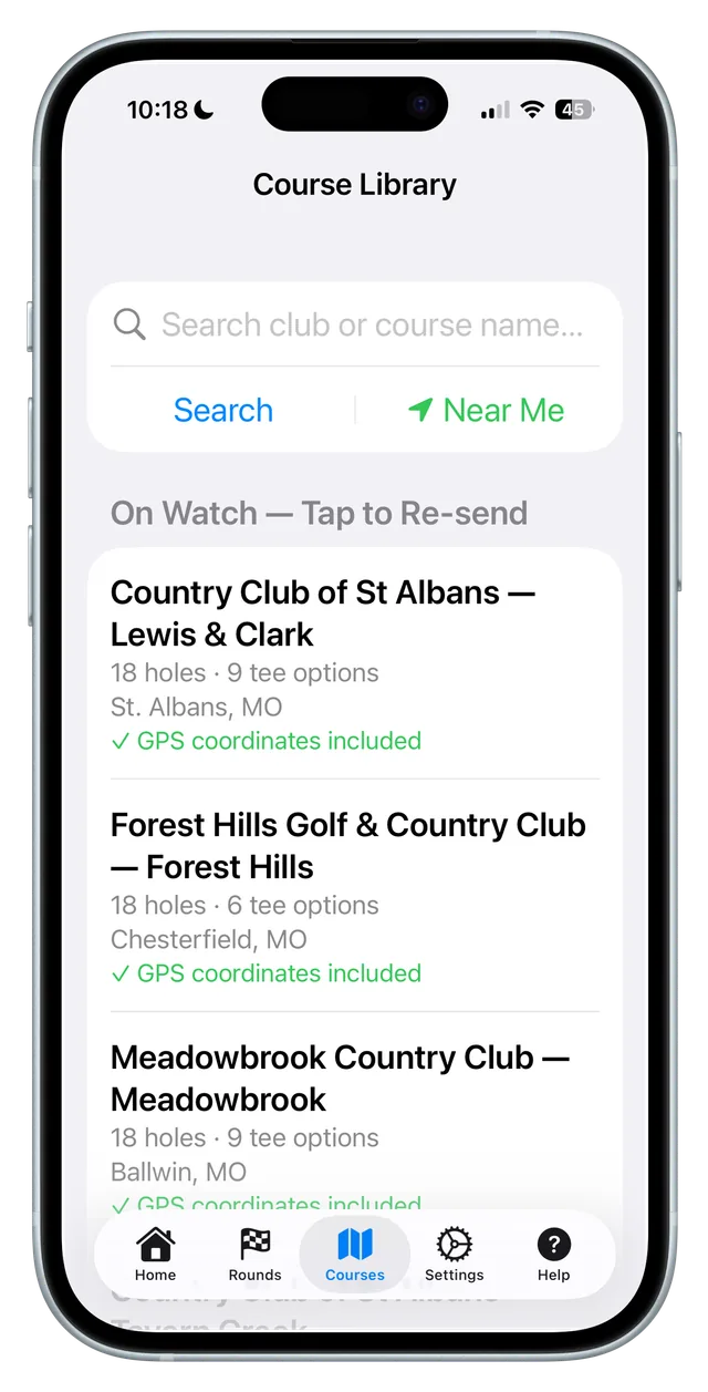 DuffMate iPhone Course Library screen with search, Near Me, and saved courses