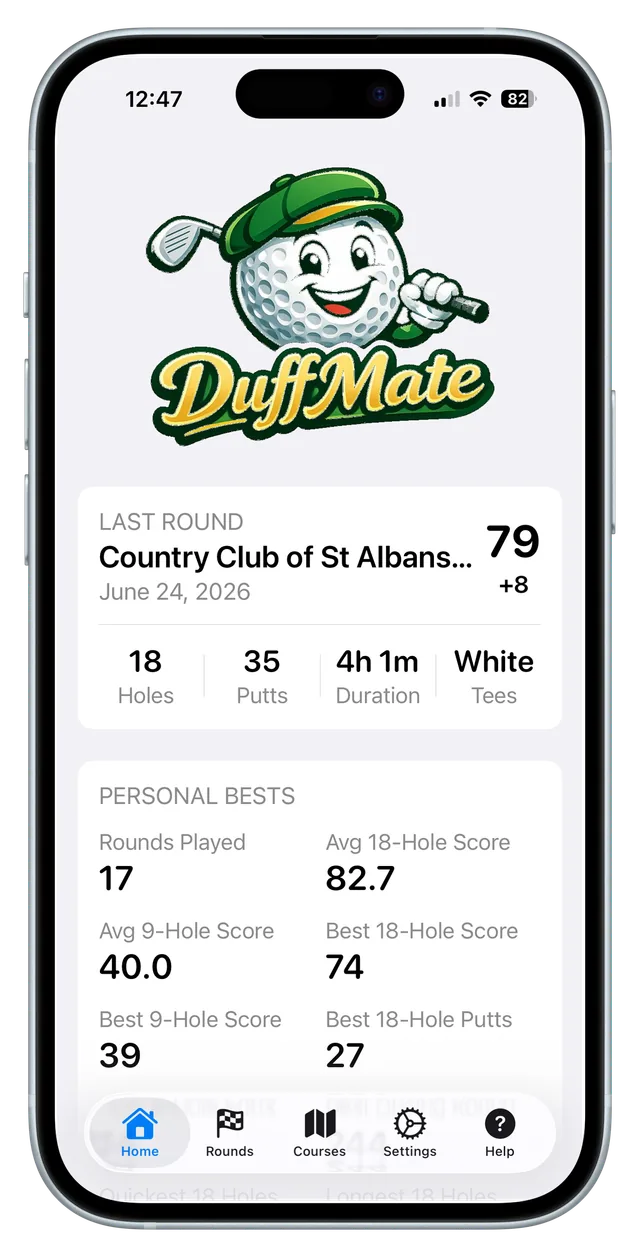 DuffMate iPhone app home screen showing the last round and personal bests
