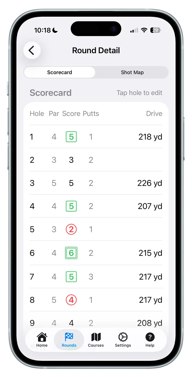 DuffMate iPhone scorecard showing par, score, putts, and drive distance for each hole