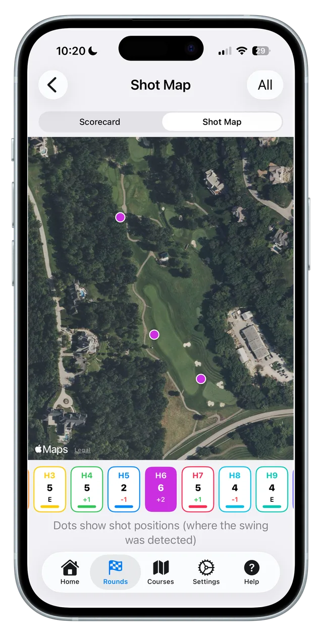 DuffMate iPhone shot map showing colored dots for each detected shot on a satellite view of the course