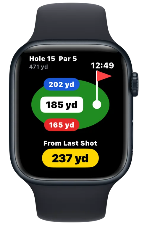 DuffMate Apple Watch distance screen showing yardage to the front, center, and back of the green