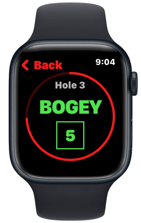 DuffMate Apple Watch hole-complete screen showing a bogey score of 5
