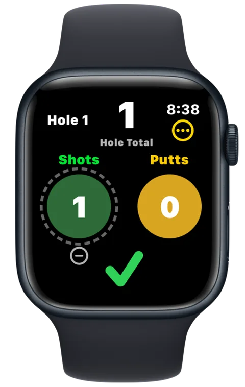 DuffMate on Apple Watch showing hole 1 with a shot total of 1 and a green check to finish the hole