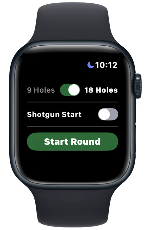 DuffMate Apple Watch round setup with 9 or 18 holes and a shotgun start toggle