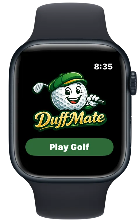 DuffMate Apple Watch start screen with the logo and a Play Golf button