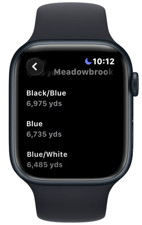 DuffMate Apple Watch tee selection showing tee names and total yardage