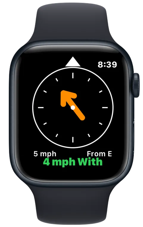 DuffMate Apple Watch wind screen showing a compass arrow, wind speed in mph, and whether the wind helps or hurts